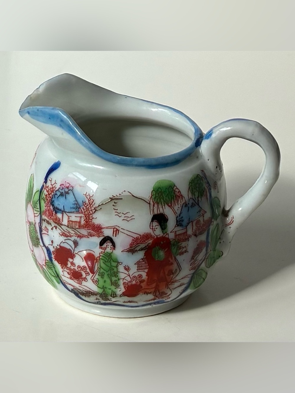 Hand-Painted Porcelain Creamer Pitcher in Blue and Multicolor